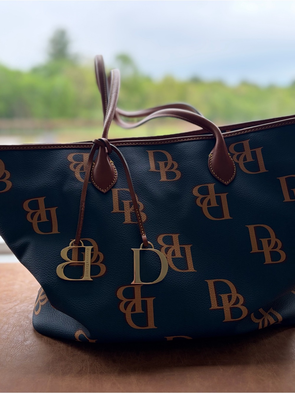 Dooney & Bourke Navy Logo Tote with Tan Trim - Picture 5 of 8